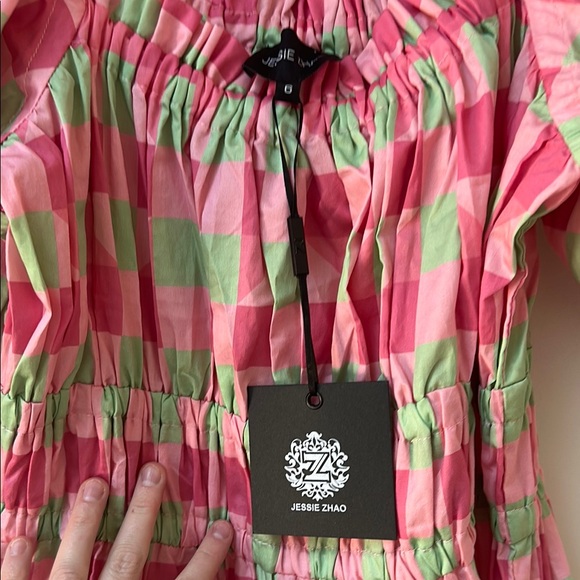 Pink and Green Checkered Puff Sleeve Dress - Picture 3 of 4